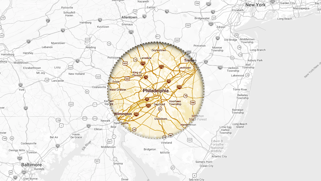 Map of the Philadelphia, PA service area covered by A.G. Remodeling