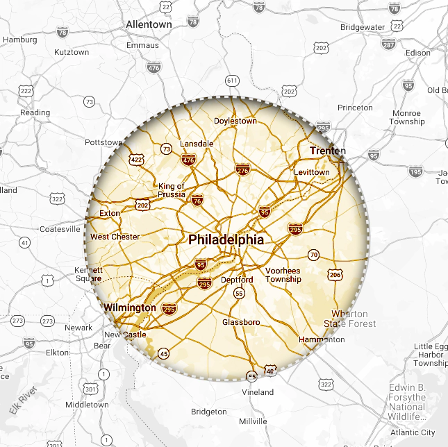 Map showing the A.G. Remodeling service area near Philadelphia, PA